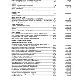 May include: A table of contents from a CX800 Crawler Excavators manual. The document details sections such as engine, fuel system, electrical system, undercarriage, drive train, and hydraulics, with section and reference numbers.