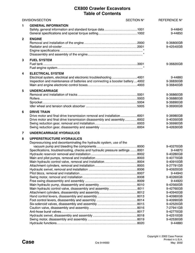 May include: A table of contents from a CX800 Crawler Excavators manual. The document details sections such as engine, fuel system, electrical system, undercarriage, drive train, and hydraulics, with section and reference numbers.