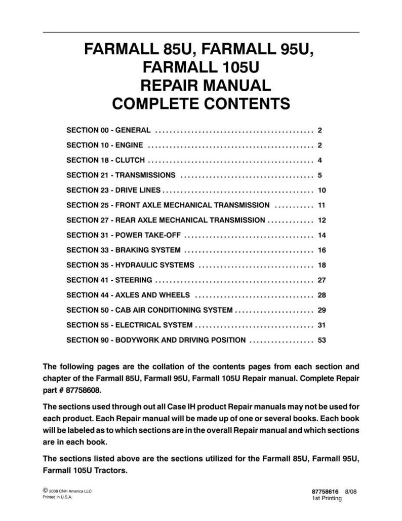 May include: A printed repair manual for Farmall 85U, 95U, and 105U tractors. The cover displays the title, "REPAIR MANUAL COMPLETE CONTENTS," and lists various sections like Engine, Clutch, Transmissions, and more. The manual is printed in the USA.