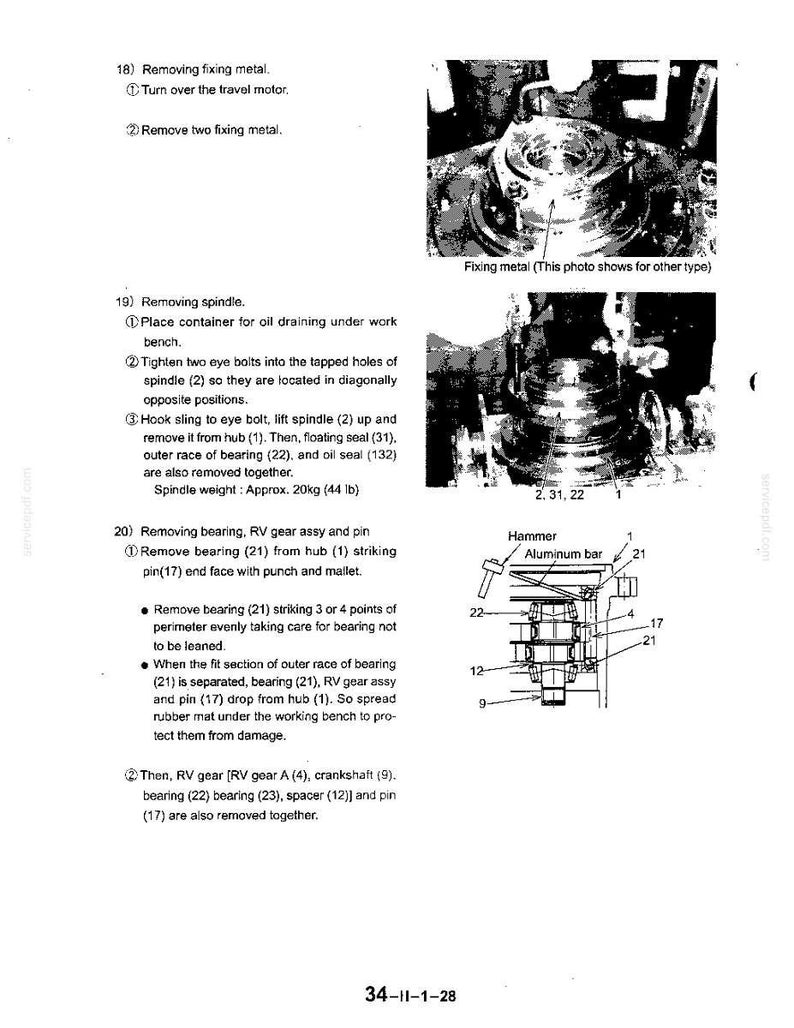 May include: A technical manual page titled 34-11-1-28 featuring black and white photographs and diagrams of mechanical components. It includes numbered instructions for removing fixing metal, a spindle, and a bearing, RV gear assembly, and pin.