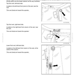 May include: Diagram of a vehicle cab's internal ventilation system, including air recirculation vents. The image shows the location of the top front vent on the left and right sides, and the lower front vent on the left side.