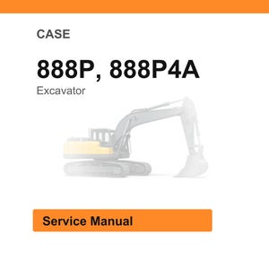 May include: White background with the word "CASE" at the top. Below, the text "888P, 888P4A" is displayed, followed by "Excavator." An illustration of an excavator is in the center. A rectangular orange button at the bottom reads "Service Manual."