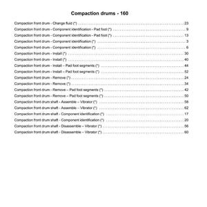 May include: An index page from a manual, titled "Wheels - 44" and "Compaction drums - 160." The page lists various compaction front drum and shaft procedures with page numbers. Includes text: "See content for specific models."
