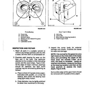 May include: Technical diagram of hydraulic system components, including a pump bearing and gear track in body. The diagram includes labels and cross-sections for detailed inspection and repair instructions. Text includes inspection and repair procedures.