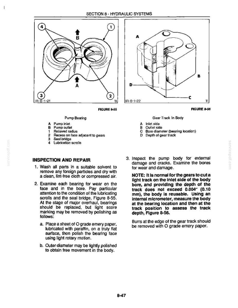 May include: Technical diagram of hydraulic system components, including a pump bearing and gear track in body. The diagram includes labels and cross-sections for detailed inspection and repair instructions. Text includes inspection and repair procedures.