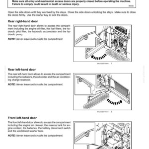 May include: Diagram of a machine's control panel with labels for side doors, rear right-hand door, rear left-hand door, and front left-hand door. Includes warnings about moving parts and instructions for safe operation.