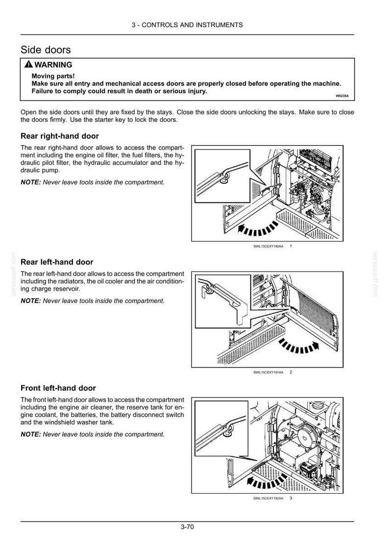 May include: Diagram of a machine's control panel with labels for side doors, rear right-hand door, rear left-hand door, and front left-hand door. Includes warnings about moving parts and instructions for safe operation.