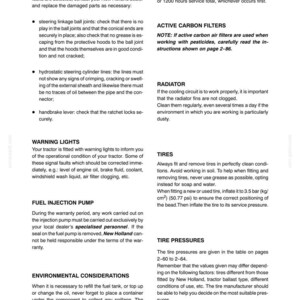 Peut inclure: Une page de document technique intitul&eacute;e Section 3, d&eacute;taillant les instructions d'entretien pour les machines New Holland. Elle couvre les contr&ocirc;les divers, le syst&egrave;me de refroidissement, les filtres &agrave; charbon, le radiateur et les pneus.