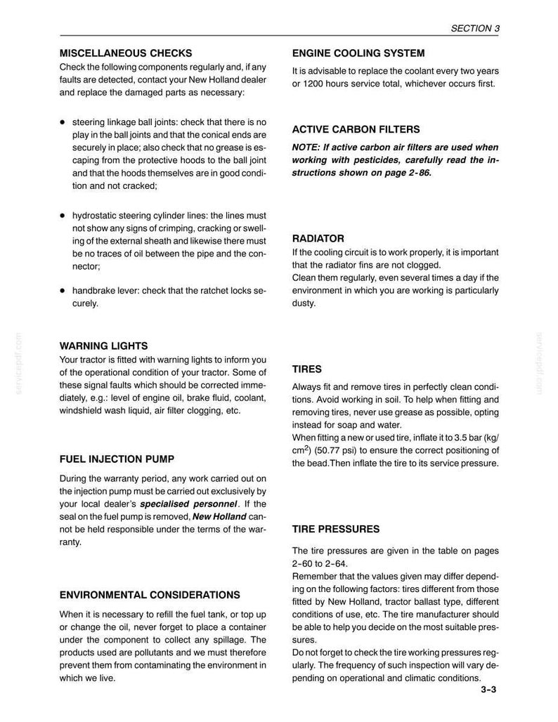 Peut inclure: Une page de document technique intitul&eacute;e Section 3, d&eacute;taillant les instructions d'entretien pour les machines New Holland. Elle couvre les contr&ocirc;les divers, le syst&egrave;me de refroidissement, les filtres &agrave; charbon, le radiateur et les pneus.