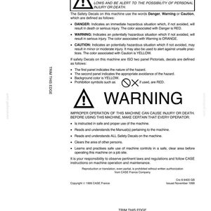 May include: A white document with safety information and warnings about machine operation. The document includes the text "WARNING" in large, bold letters, along with definitions of "Danger," "Warning," and "Caution."