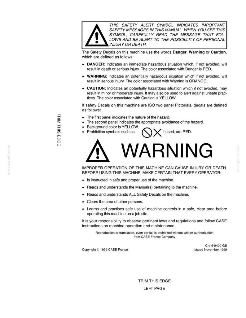 May include: A white document with safety information and warnings about machine operation. The document includes the text "WARNING" in large, bold letters, along with definitions of "Danger," "Warning," and "Caution."