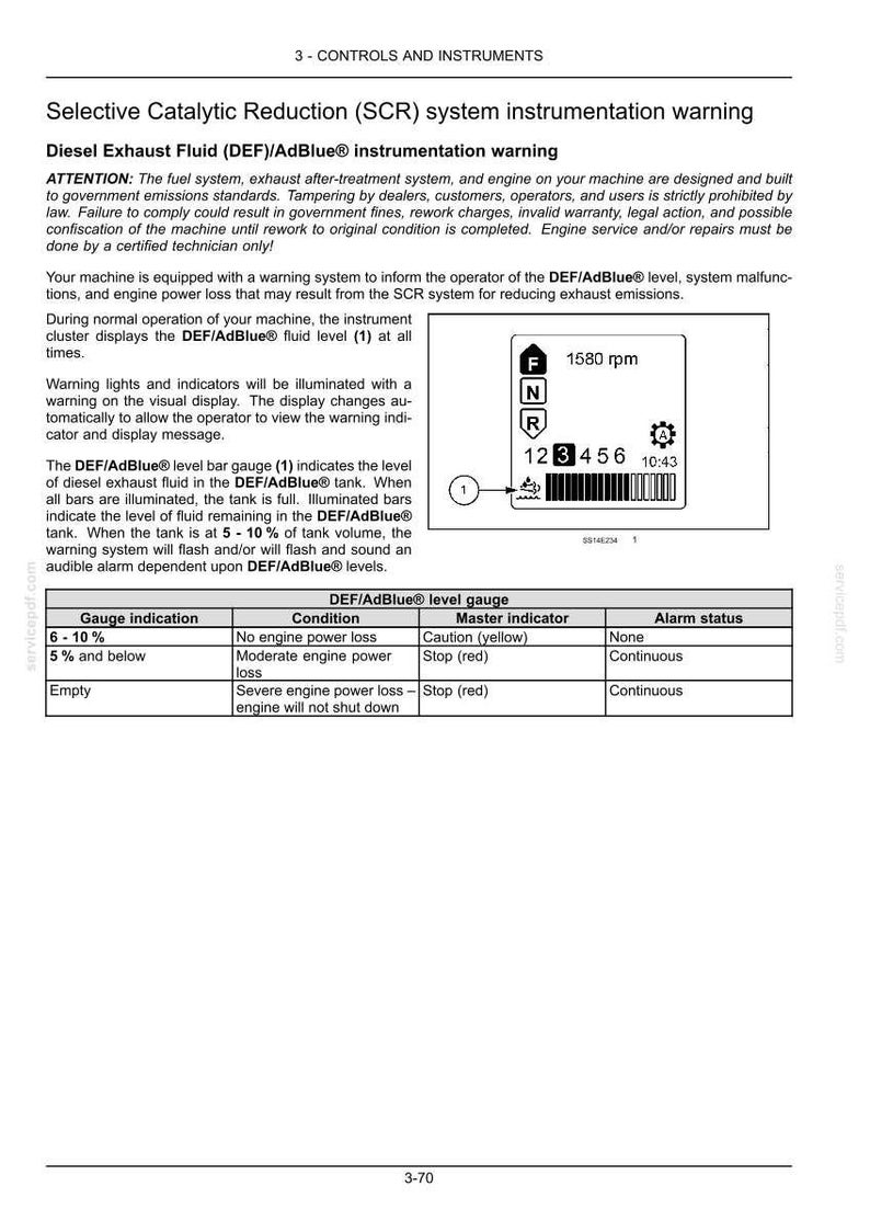 Puede incluir: Diagrama del cuadro de instrumentos de un veh&iacute;culo, que detalla el indicador de nivel de DEF/AdBlue y los indicadores de advertencia. El indicador muestra los niveles de l&iacute;quido, con las condiciones y los indicadores principales asociados. El texto explica el funcionamiento del sistema.