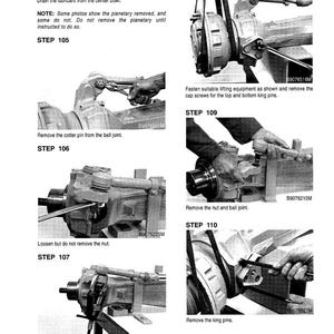 May include: A detailed diagram illustrating the removal of a differential carrier. The image shows various steps with tools and components, including removing cotter pins, nuts, and king pins. Text includes instructions and part numbers.