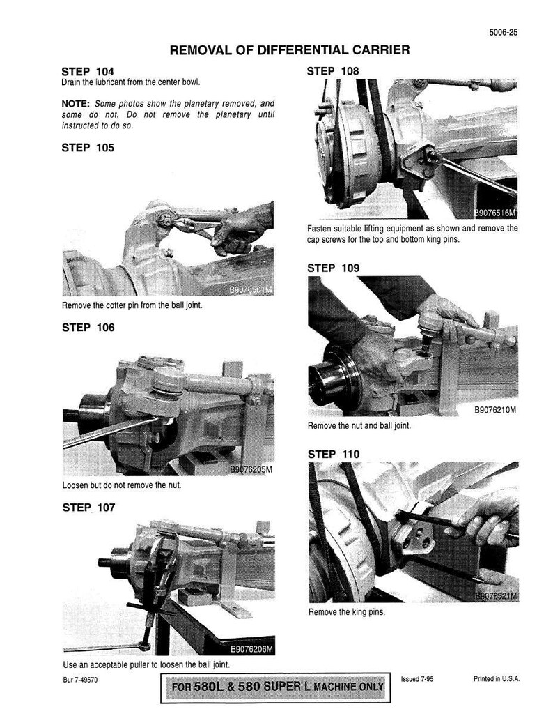 May include: A detailed diagram illustrating the removal of a differential carrier. The image shows various steps with tools and components, including removing cotter pins, nuts, and king pins. Text includes instructions and part numbers.