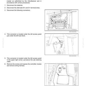 Puede incluir: Una p&aacute;gina de manual t&eacute;cnico titulada 7-MAINTENANCE, Welding on the machine, con tres dibujos lineales en blanco y negro. Los diagramas ilustran la ubicaci&oacute;n de los conectores el&eacute;ctricos y un m&oacute;dulo de control bajo paneles de acceso.