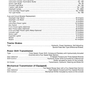 May include: A detailed page from a manual, listing electrical system components like bulbs and fuses, along with tractor brake and power shift transmission details. Includes specifications for various lights and electrical components.