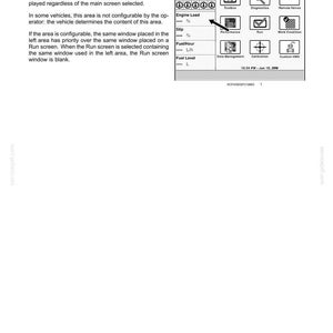 May include: A technical manual page titled 2-ICONS AND WINDOWS, featuring a diagram of a vehicle display screen. The screen shows icons for Toolbox, Diagnostics, Remote Valves, Performance, Run, Work Condition, Data Management, Calibration, and Custom HMS.