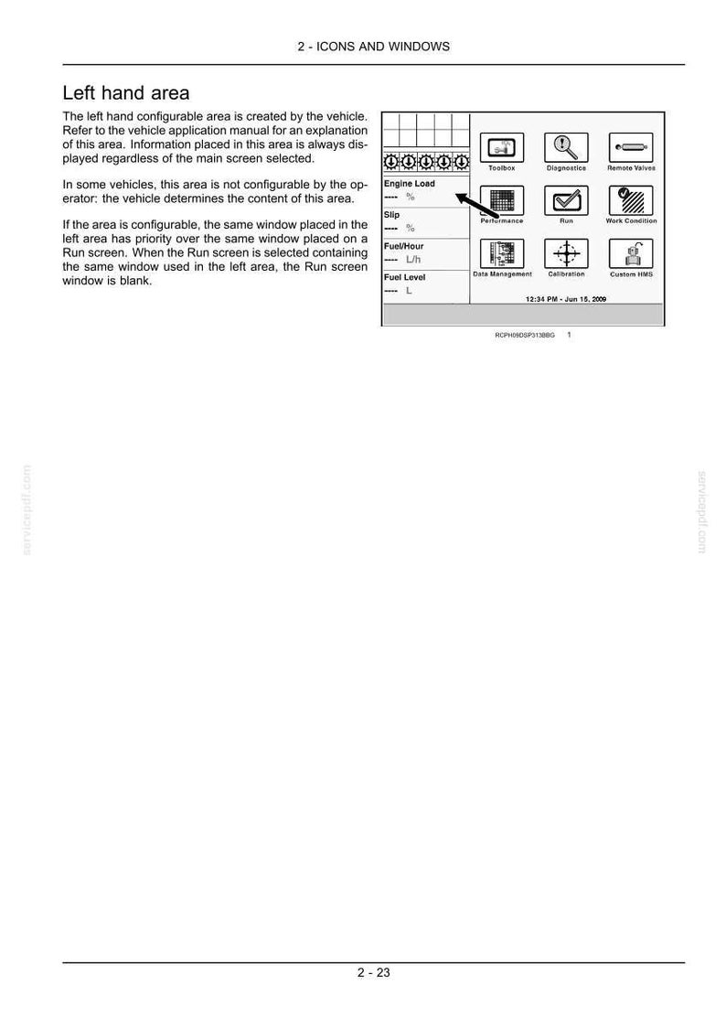 May include: A technical manual page titled 2-ICONS AND WINDOWS, featuring a diagram of a vehicle display screen. The screen shows icons for Toolbox, Diagnostics, Remote Valves, Performance, Run, Work Condition, Data Management, Calibration, and Custom HMS.