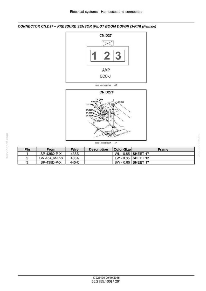 May include: Diagram of a 3-pin female connector, CN.D27, for a pressure sensor. The diagram includes a schematic, pin details, wire descriptions, and color-size information. Text includes "Electrical systems - Harnesses and connectors."