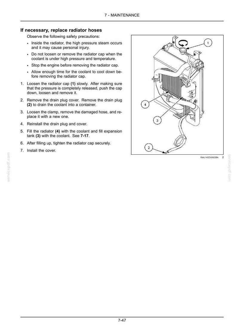 Puede incluir: Diagrama de un radiador con componentes numerados para instrucciones de mantenimiento. La imagen incluye un tap&oacute;n del radiador, un tap&oacute;n de drenaje, mangueras y un dep&oacute;sito de expansi&oacute;n. El texto proporciona precauciones de seguridad e instrucciones paso a paso.