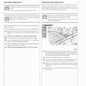 May include: Page from an automotive repair manual detailing fuel filter and alternator belt replacement procedures. Includes diagrams, safety warnings, and step-by-step instructions for engine maintenance. The text is in black on a white background.