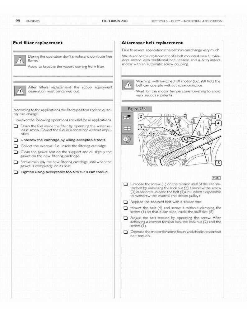 May include: Page from an automotive repair manual detailing fuel filter and alternator belt replacement procedures. Includes diagrams, safety warnings, and step-by-step instructions for engine maintenance. The text is in black on a white background.