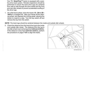 May include: A technical manual page titled 7-MAINTENANCE detailing track alignment for a T8 SmartTrax tractor. It includes instructions for 15-30 m (50-100 ft) operation and a line drawing showing the distance between a track drive lug and idler wheel.