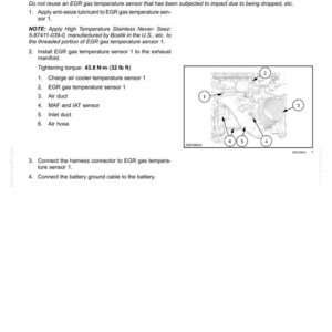 May include: Diagram of an EGR (Exhaust Gas Recirculation) system with numbered components, including temperature sensors, air duct, and air hose. Text provides installation instructions and tightening torque of 32 lb ft.