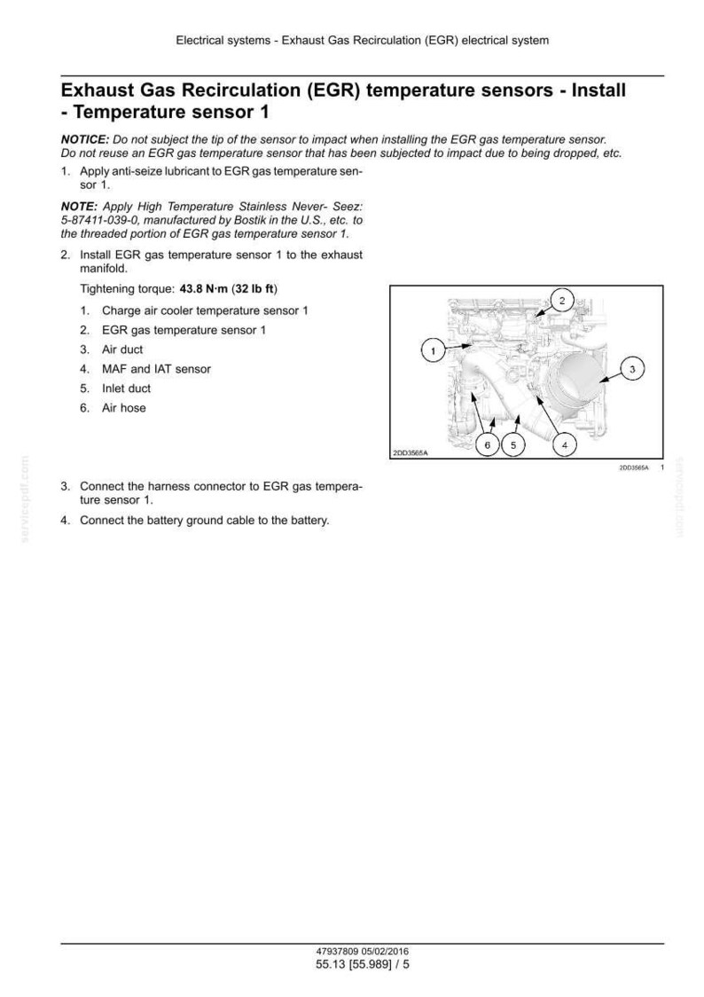 May include: Diagram of an EGR (Exhaust Gas Recirculation) system with numbered components, including temperature sensors, air duct, and air hose. Text provides installation instructions and tightening torque of 32 lb ft.