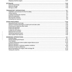 Puede incluir: Una p&aacute;gina de &iacute;ndice en blanco y negro de un manual t&eacute;cnico. El texto enumera secciones operativas que incluyen la parada de la unidad, almacenamiento, operaciones de transporte, cuando sea necesario y operaciones de trabajo con n&uacute;meros.