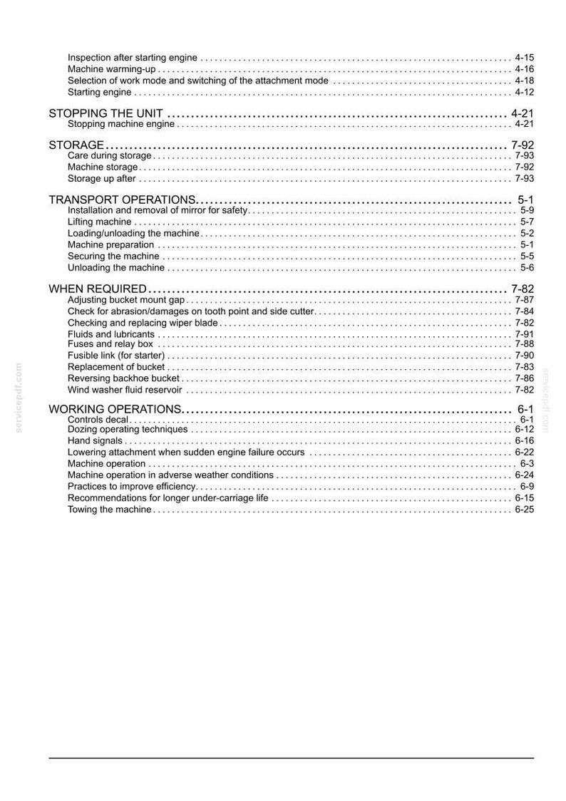 Puede incluir: Una p&aacute;gina de &iacute;ndice en blanco y negro de un manual t&eacute;cnico. El texto enumera secciones operativas que incluyen la parada de la unidad, almacenamiento, operaciones de transporte, cuando sea necesario y operaciones de trabajo con n&uacute;meros.
