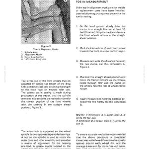 May include: A black and white diagram from a manual detailing front axle adjustments, including toe-in measurement instructions. The diagram includes a labeled illustration of the spindle arm, alignment marks, and other components.