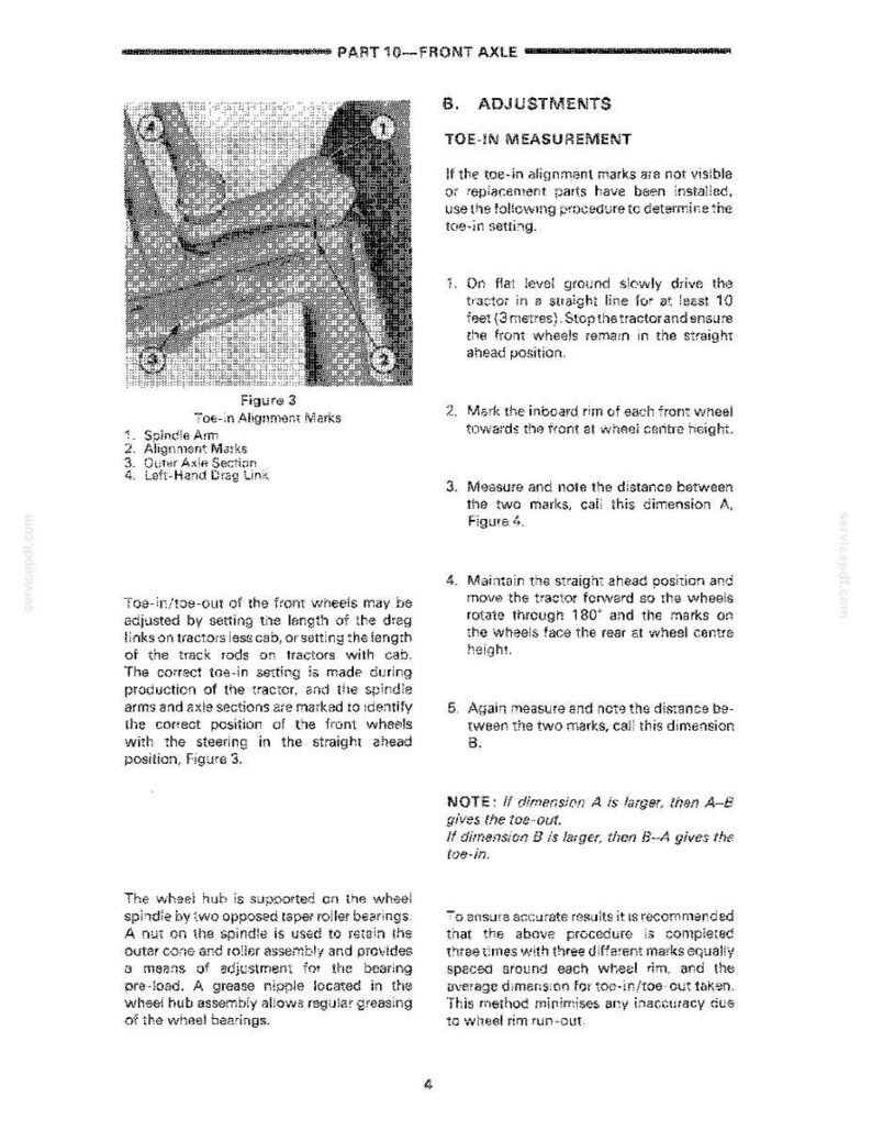 May include: A black and white diagram from a manual detailing front axle adjustments, including toe-in measurement instructions. The diagram includes a labeled illustration of the spindle arm, alignment marks, and other components.