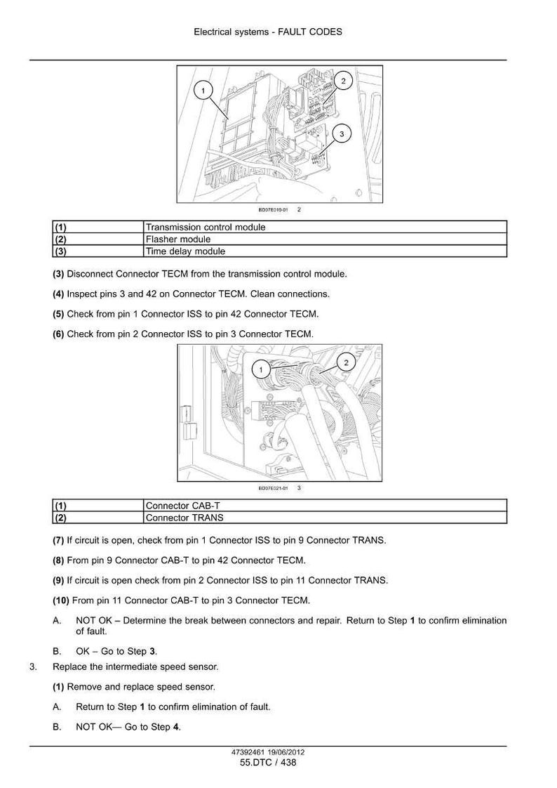 Op de afbeelding: Diagram van elektrische systeemfoutcodes, met transmissiecontrolemodule, flitsermodule en tijdsvertragingmodule. Instructies voor connectorcontroles en sensorvervanging. Tekst: "Electrical systems - FAULT CODES".