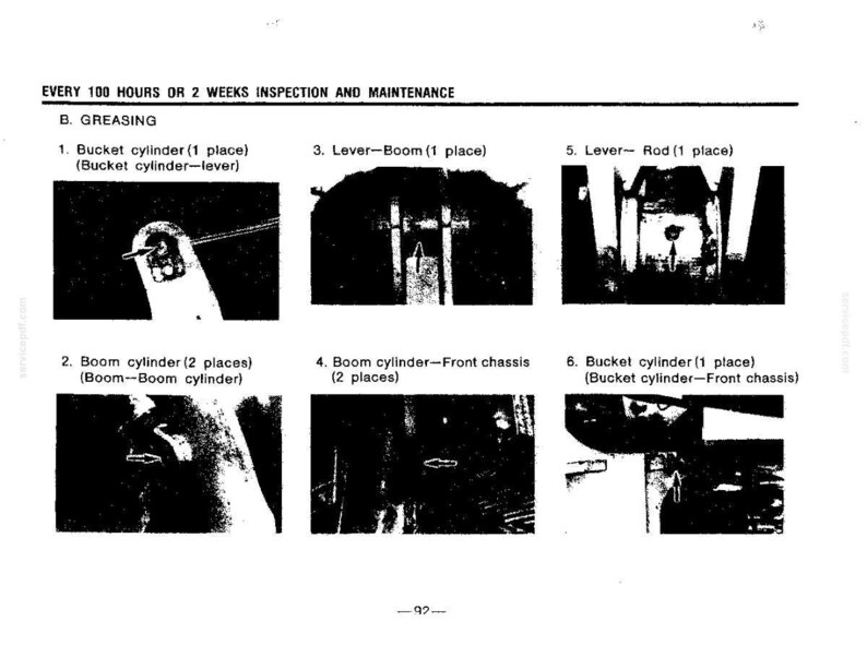 Może przedstawiać: Strona z instrukcji technicznej zatytułowana EVERY 100 HOURS OR 2 WEEKS INSPECTION AND MAINTENANCE, sekcja B. GREASING. Zawiera sześć czarno-białych zdjęć części maszyn ze strzałkami wskazującymi punkty smarowania siłownik&oacute;w i dźwigni.
