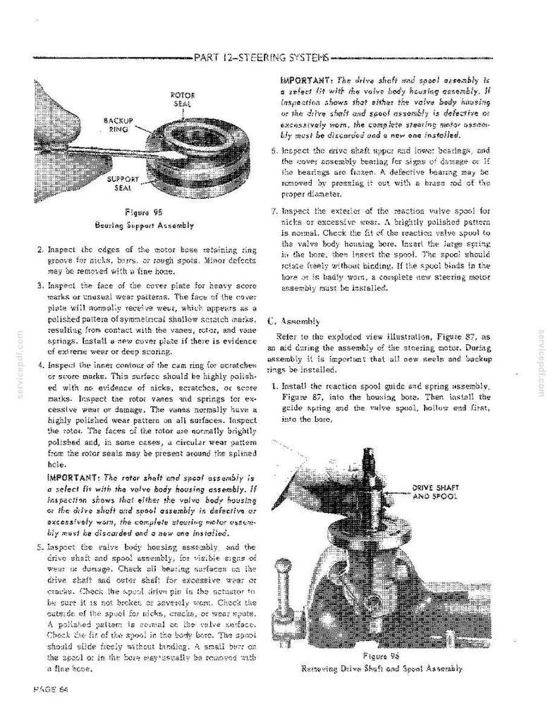 May include: Technical diagram of a steering system, featuring a rotor seal, backup ring, and support seal. The image includes detailed illustrations of the bearing support assembly and the drive shaft and spool assembly, with text descriptions.
