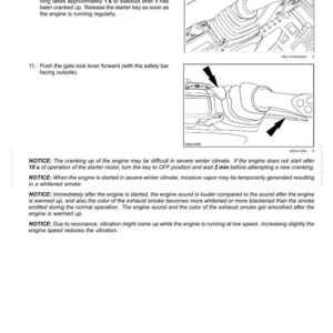 May include: Page from an operating manual with instructions for starting a machine. Includes diagrams of levers and keys, with text describing the steps. The text includes warnings about winter operation and engine behavior.