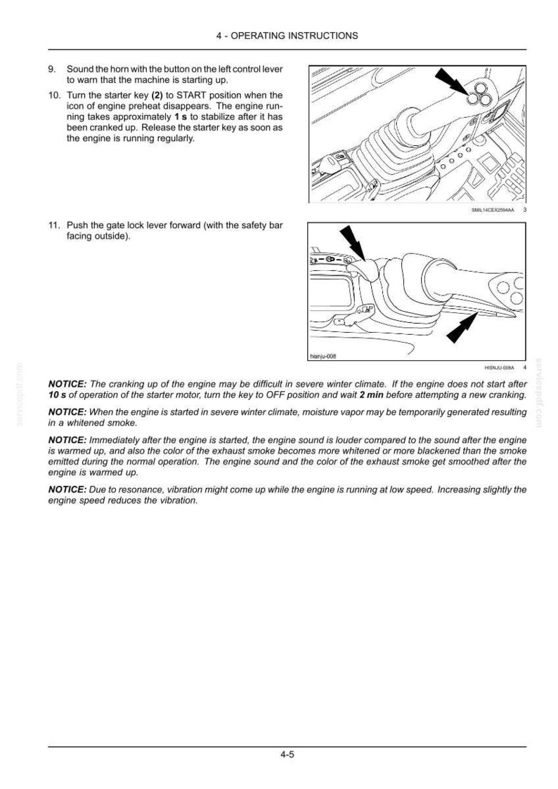 May include: Page from an operating manual with instructions for starting a machine. Includes diagrams of levers and keys, with text describing the steps. The text includes warnings about winter operation and engine behavior.