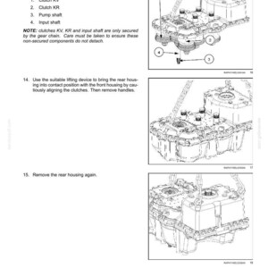 May include: Technical diagrams showing the assembly of a powershift transmission, with labels for clutch KV, clutch KR, pump shaft, and input shaft. Instructions are provided for aligning and securing parts. The diagrams are in black and white.