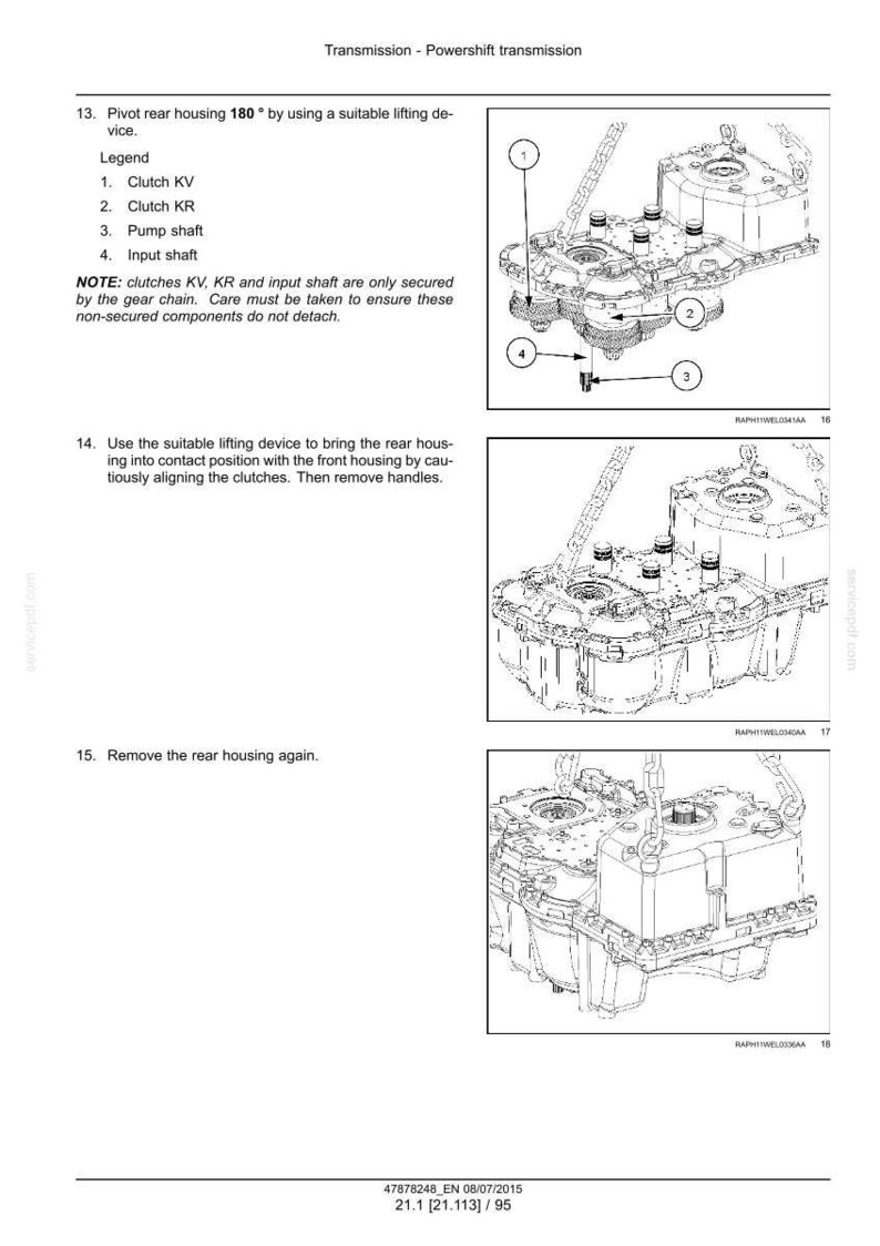 May include: Technical diagrams showing the assembly of a powershift transmission, with labels for clutch KV, clutch KR, pump shaft, and input shaft. Instructions are provided for aligning and securing parts. The diagrams are in black and white.