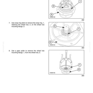 May include: Diagram of a four-wheel drive rear axle, illustrating the removal of components with a gear puller and snap ring pliers. Includes numbered parts: final drive gear, inner bearing, wheel hub, and mounting flange.