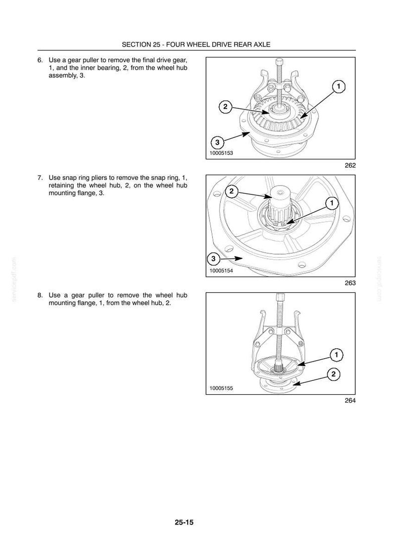May include: Diagram of a four-wheel drive rear axle, illustrating the removal of components with a gear puller and snap ring pliers. Includes numbered parts: final drive gear, inner bearing, wheel hub, and mounting flange.