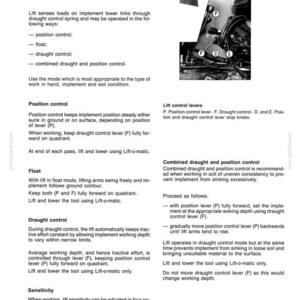 May include: Diagram of a hydraulic lift unit, with text describing its functions and controls. Includes illustrations of levers and components, with labels for position control, draught control, and float modes. Page 1 of a manual.