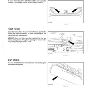May include: Diagrams showing overhead controls in a vehicle: a roof curtain, roof hatch, and sun shield. The images are black and white line drawings with arrows indicating operation.