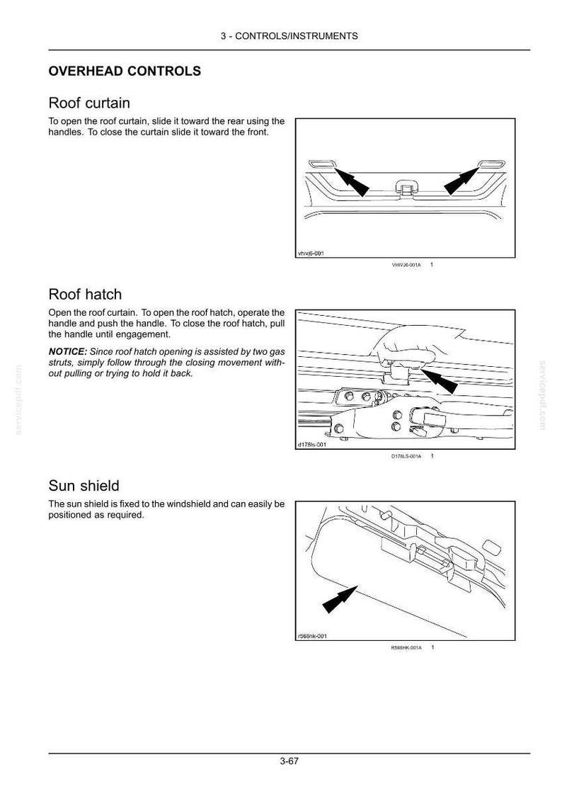 May include: Diagrams showing overhead controls in a vehicle: a roof curtain, roof hatch, and sun shield. The images are black and white line drawings with arrows indicating operation.
