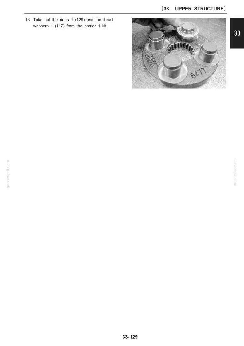May include: A grayscale image of an upper structure component. The component has a circular base with several cylindrical protrusions and a central toothed gear. The number "8477" is visible. The text "33. UPPER STRUCTURE" is at the top.