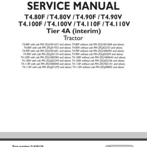 May include: A service manual for a tractor, featuring the text "SERVICE MANUAL" at the top. The manual covers models T4.80F, T4.80V, T4.90F, T4.90V, T4.100F, T4.100V, T4.110F, and T4.110V. Includes a list of part numbers and the New Holland Agriculture logo.
