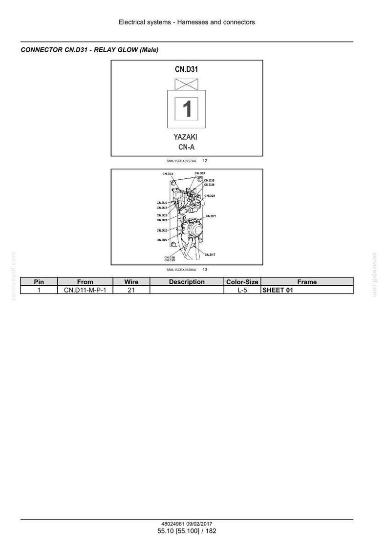 May include: Diagram of an electrical connector, CN.D31, with the text "RELAY GLOW (Male)". The diagram includes a component labeled "1" and the brand "YAZAKI". Additional diagrams and a table with pin, wire, and color-size information are also present.