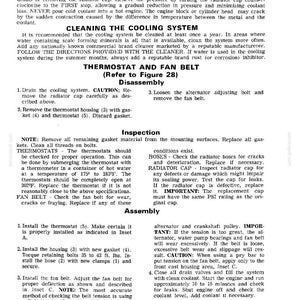 May include: A page from a car repair manual with instructions on cleaning the cooling system, thermostat and fan belt inspection, and assembly. The text includes safety precautions and detailed steps for maintenance.