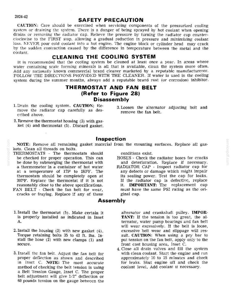 May include: A page from a car repair manual with instructions on cleaning the cooling system, thermostat and fan belt inspection, and assembly. The text includes safety precautions and detailed steps for maintenance.